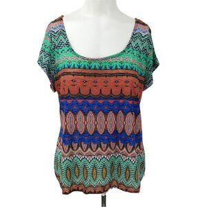 Maurices Ethnic Keyhole Button Back Blouse Size L African Kente T-Shirt Top